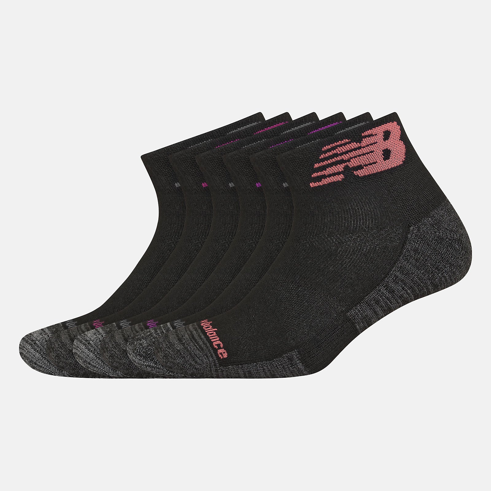 Black Multi Performance Cushion Quarter Socks 6 Pack / New Balance Women|Men
