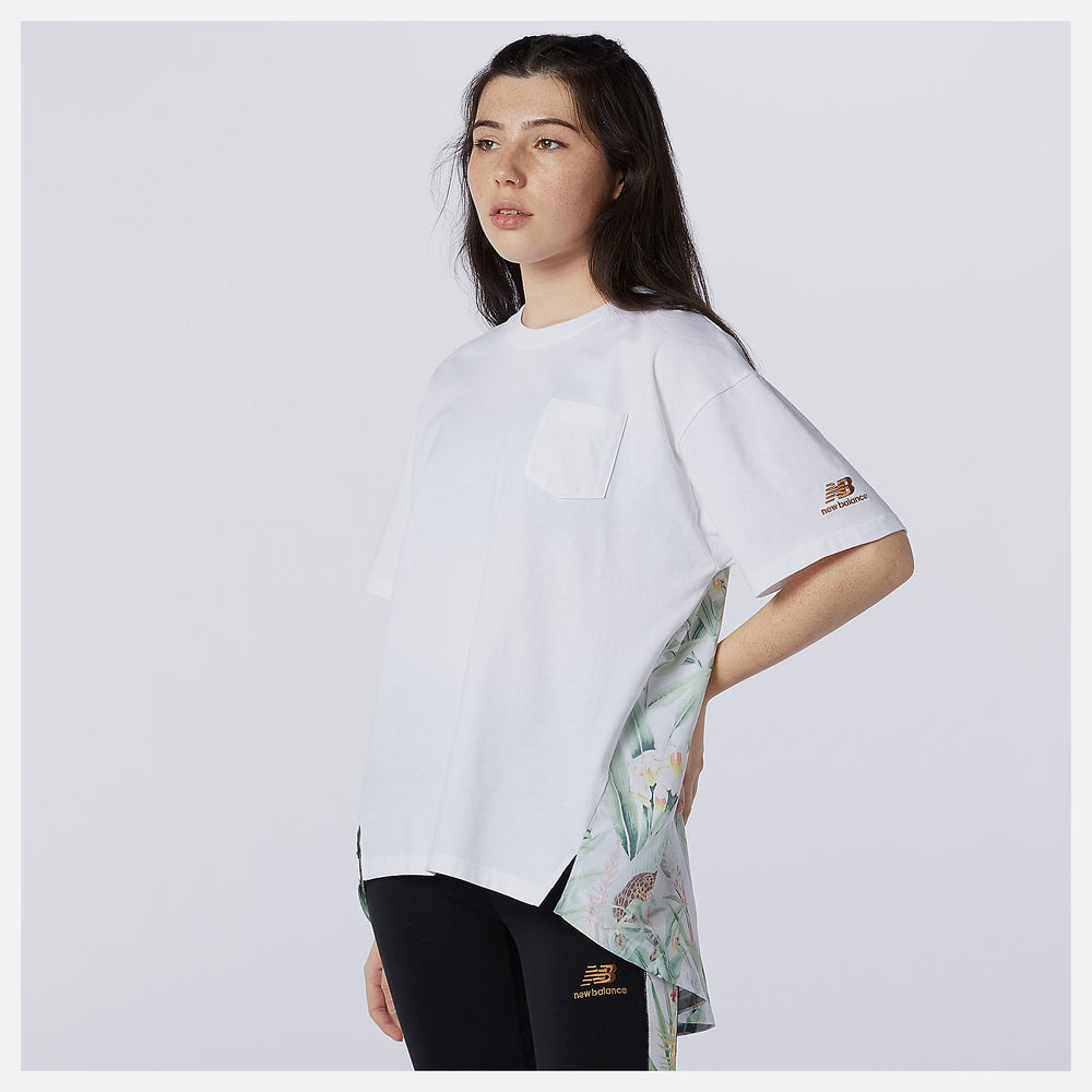 White NB Essentials Botanical Knit Woven Mix Tee / New Balance Women