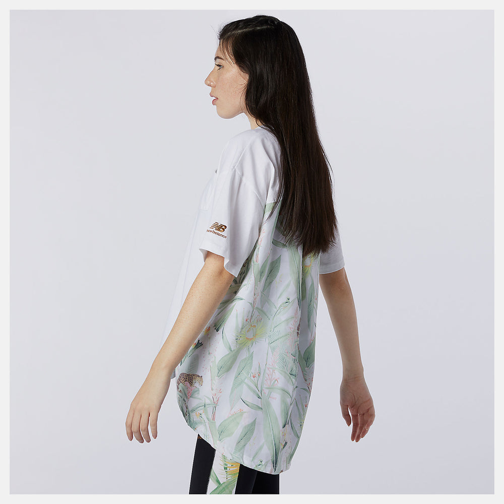 White NB Essentials Botanical Knit Woven Mix Tee / New Balance Women